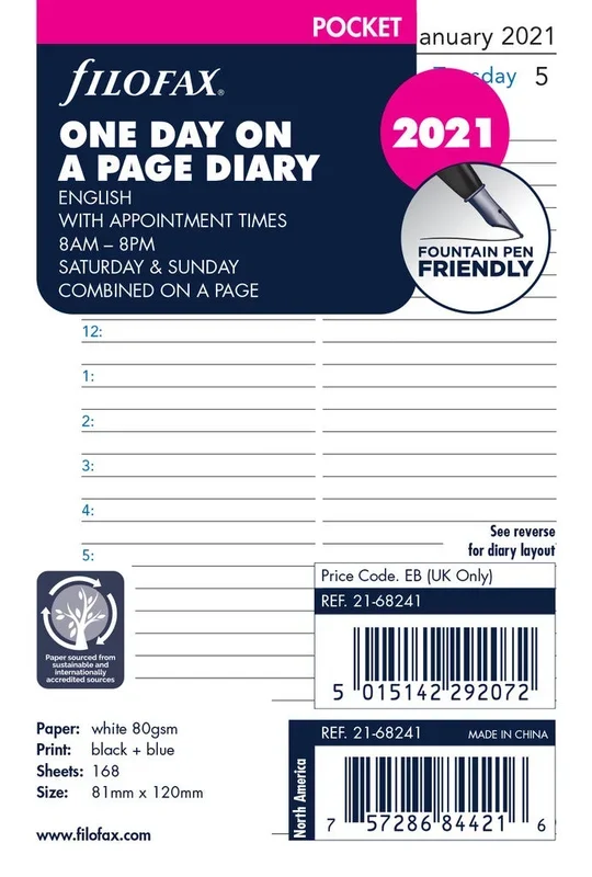 Filofax 2021 Pocket One Day Per Page Refill
