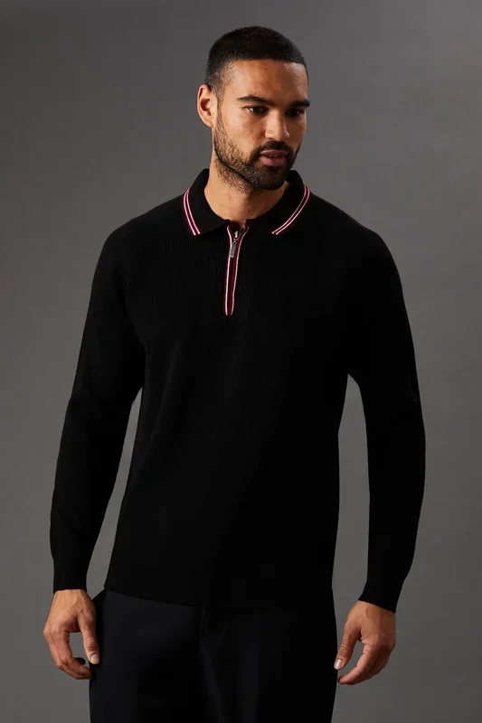 Fine Gauge Long Sleeve Zip Neck Knitted Polo