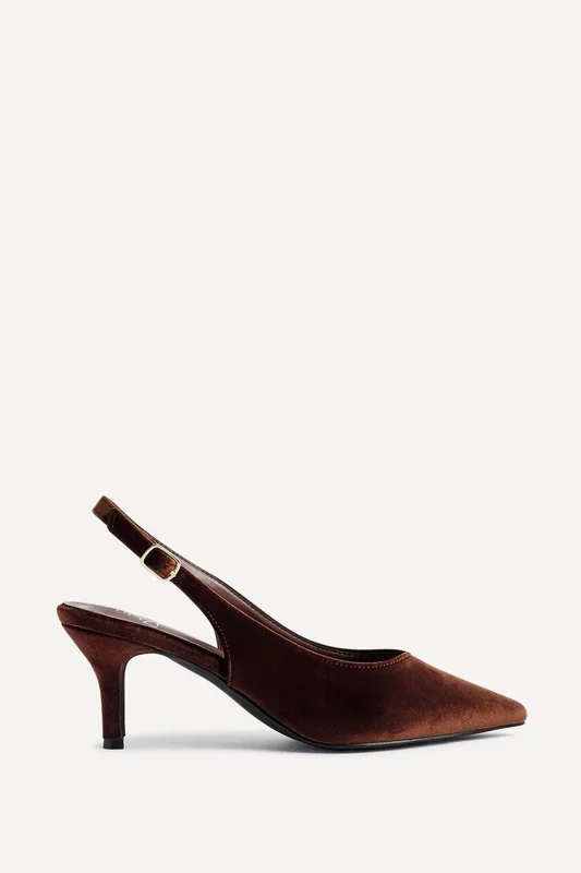Finesse Brown Velvet Pointed Slingback Stiletto Court Heels