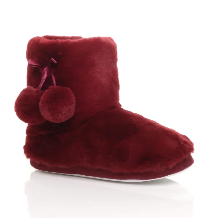 Flat Heel Pull On Pom Pom Faux Fur Slippers