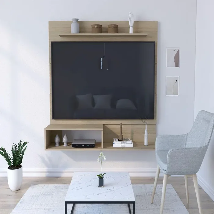 Floating Entertainment Center Albuquerque, Space For The TV´s, Light Pine Finish