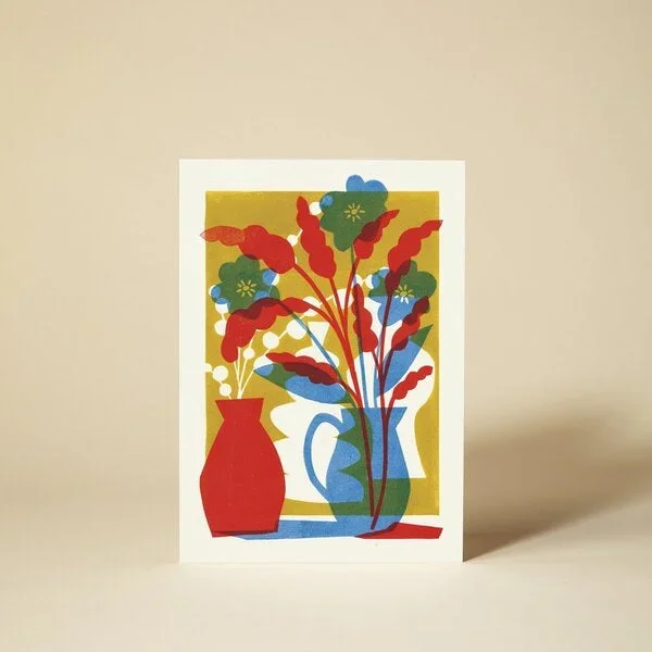 Flora 1 Flowers In Vases Linocut Card