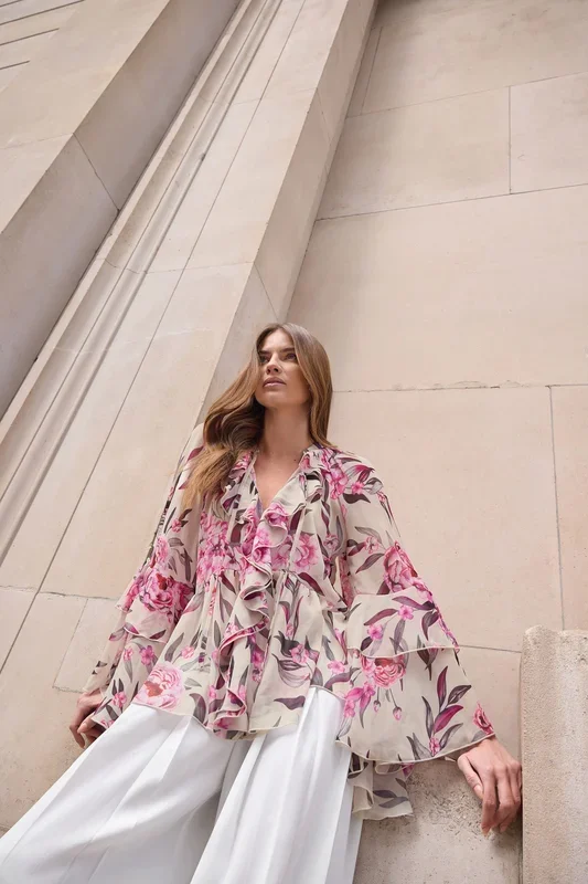 Floral Fluted Sleeve Ruffle Blouse