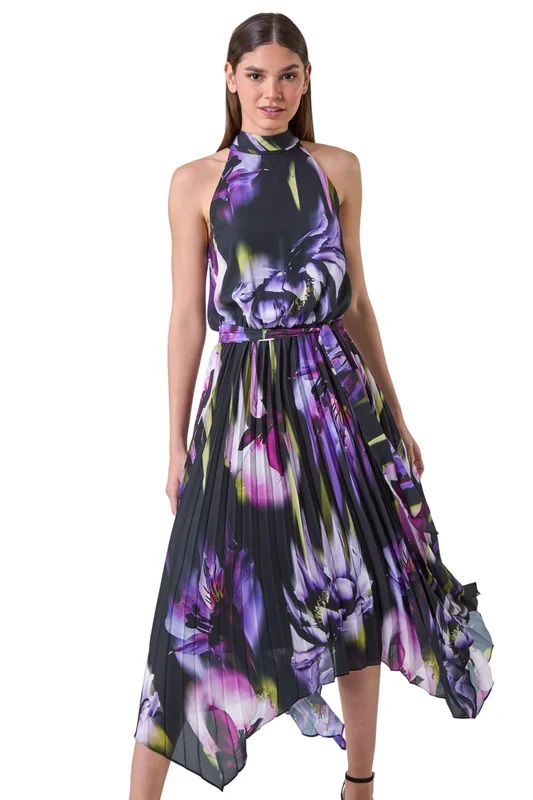 Floral Halter Neck Hanky Hem Midi Dress