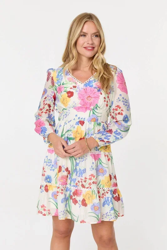 Floral Long Sleeve Tiered Short Dress