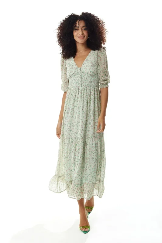 Floral Maxi Chiffon Dress in Mint Green