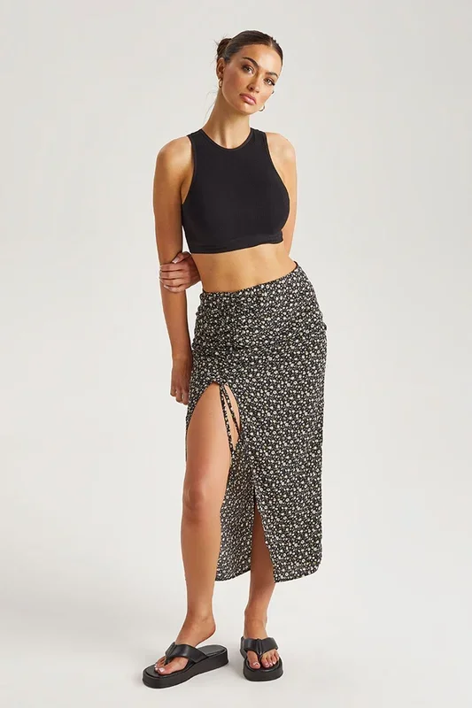 Floral Ruched Side Midi Skirt