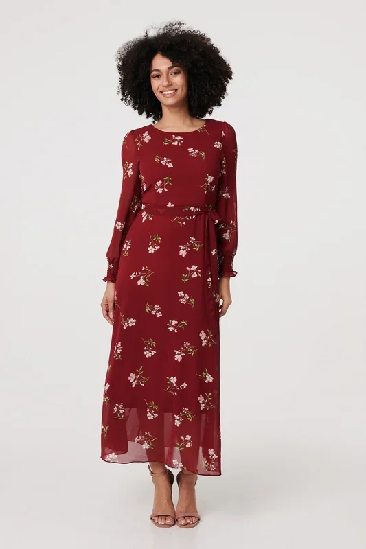 Floral Sheer Layer Tie Waist Maxi Dress
