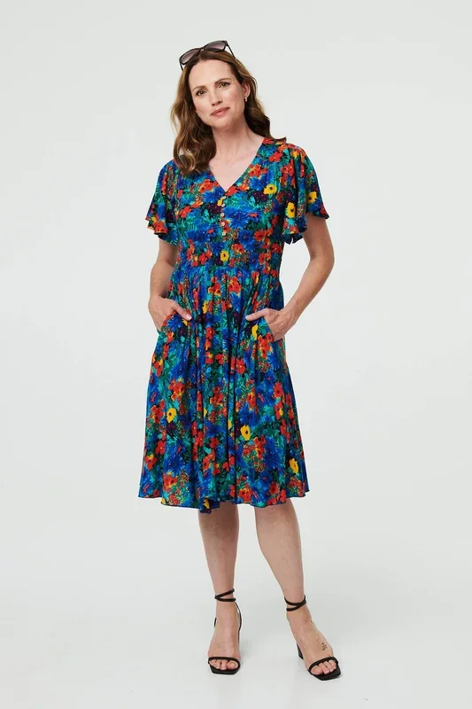Floral Shirred Short Sleeve Midi Dress