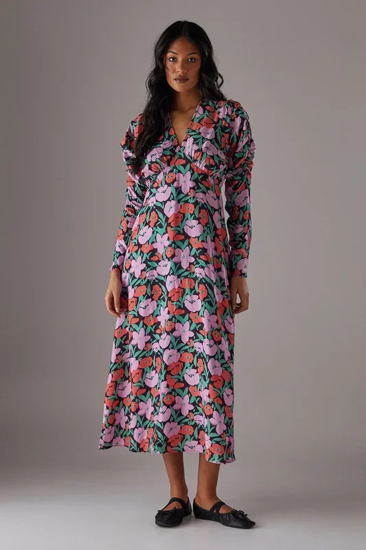 Floral Viscose V Neck Long Puff Sleeve Midi Dress