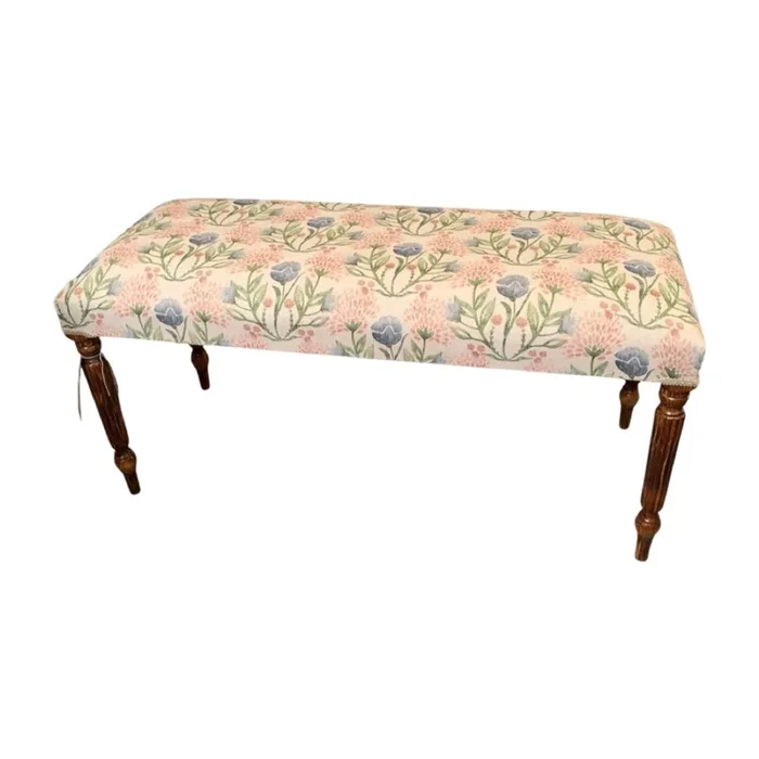 Folk Flowers Pink Linen Bench