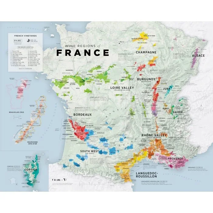 France De Long Wine Regions Wall Map 41x51cm