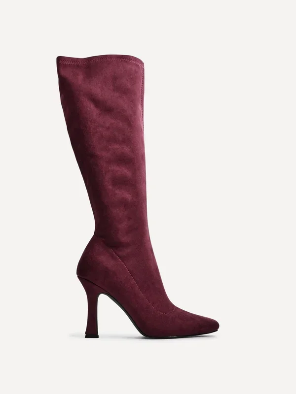Gabrielle Burgundy Suede Square Toe Knee High Heeled Boot