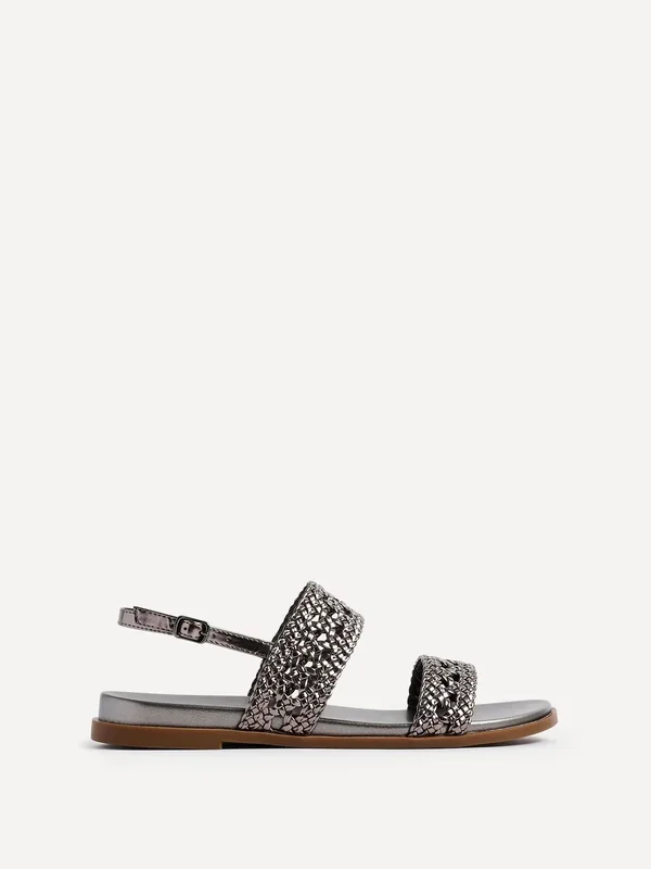 Galia Pewter Faux Leather Handwoven Flat Sandals