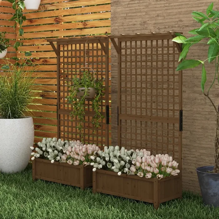 Garden Planter Set Brown | 2-in-1 Design with Trellis and Roof Hanging Space