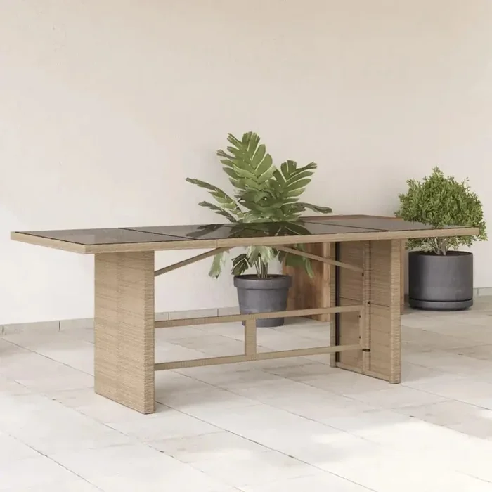 Garden Table with Glass Top in Beige and Poly Rattan (190 x 80 x 74 cm)