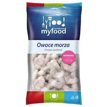 Gefrorene weiße rohe geschälte Garnelen ohne Schwanz 31-40 Stk. MyFood 800g