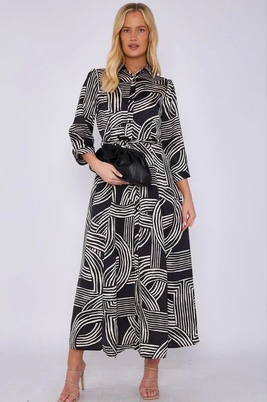 Geometric Print Satin Maxi Shirt Dress
