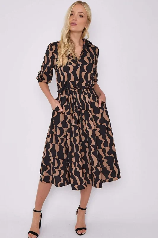 Geometric Printed Half Sleeve Midi Shirt Dress