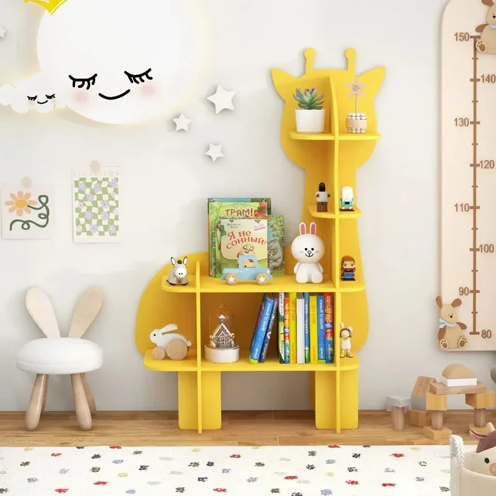 Giraffe-Shaped Kids Bookshelf – 4-Tier Yellow Bookcase | Child-Friendly Height COSTWAY