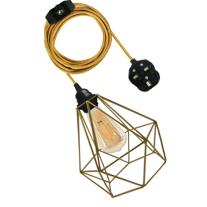 Gold Diamond Shade 4m Fabric Flex Cable Plug in Pendant Lamp~2180