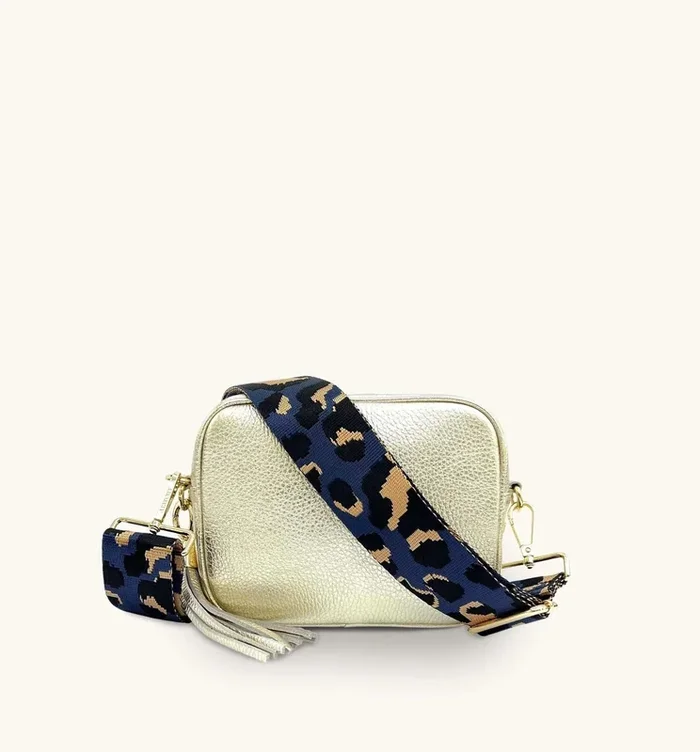 Gold Leather Crossbody Bag With Navy Leopard Strap