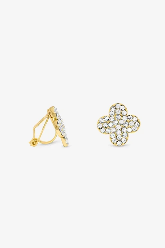 Gold Plated and Pave Clover Clip Earrings