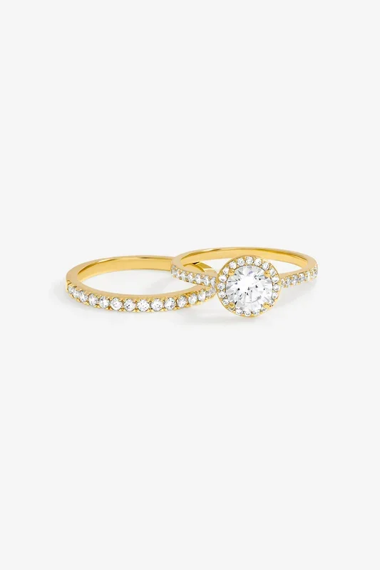 Gold Plated Halo Engagement Ring Set