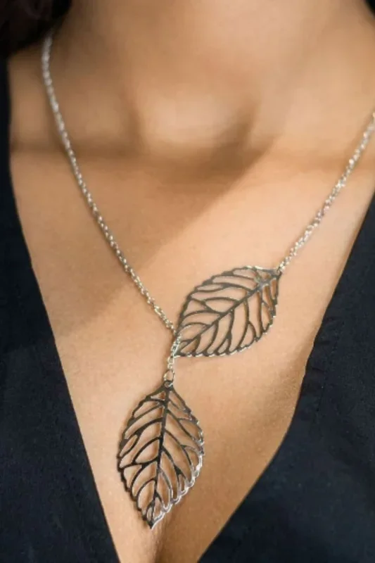 Gold Silver Two Filigree Leaf Y Shape Cross Drop Adjustable Lariat Necklace