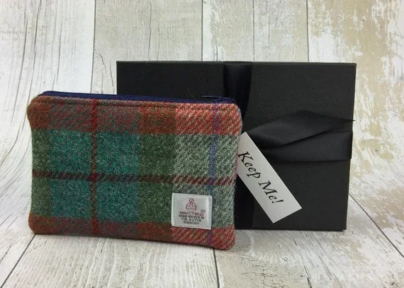 Green & Orange Check Zip Coin Purse