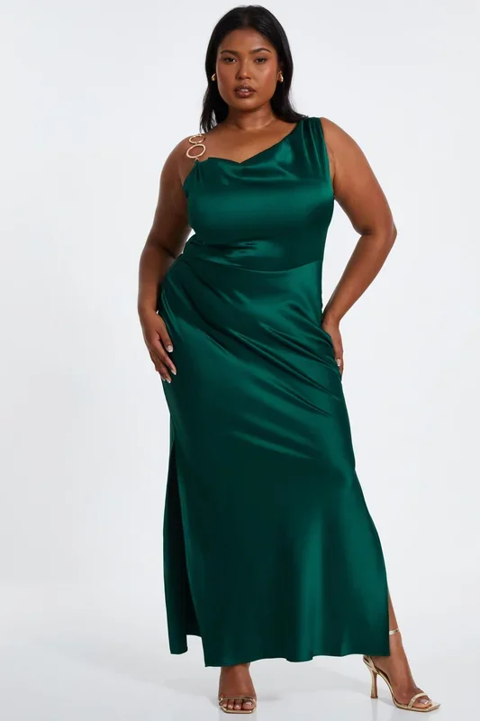 Green Curve Satin Ruched Midi Dress