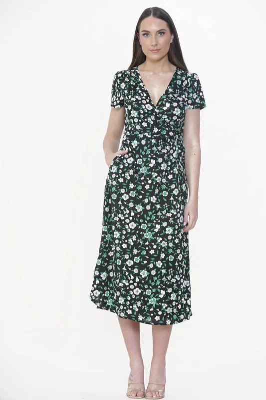 Green Floral Printed Wrap Midi Dress