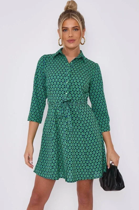 Green Geo Print Belted Mini Shirt Dress