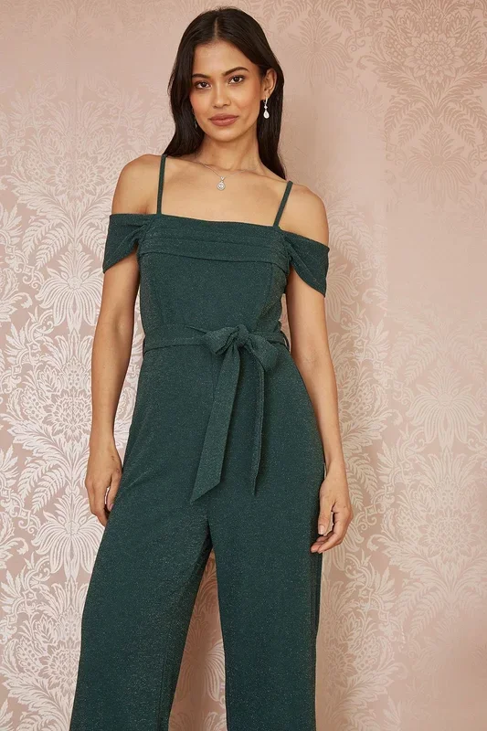 Green Sparkle Stretch Bardot Jumpsuit