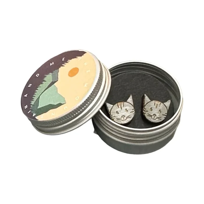 Grey Cat Bamboo Stud Earrings