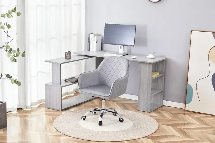Grey Office Desk L-shaped with Grey Velvet Upholstered Chair Wooden Room Furniture