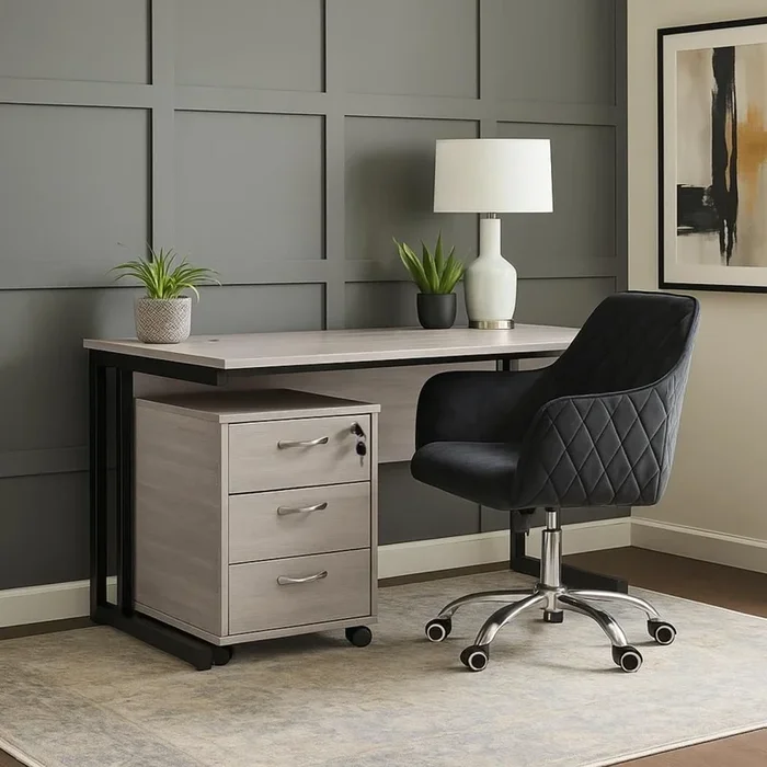 Grey Office Desk with Black Velvet Upholstered Chair and Matching Drawer Unit