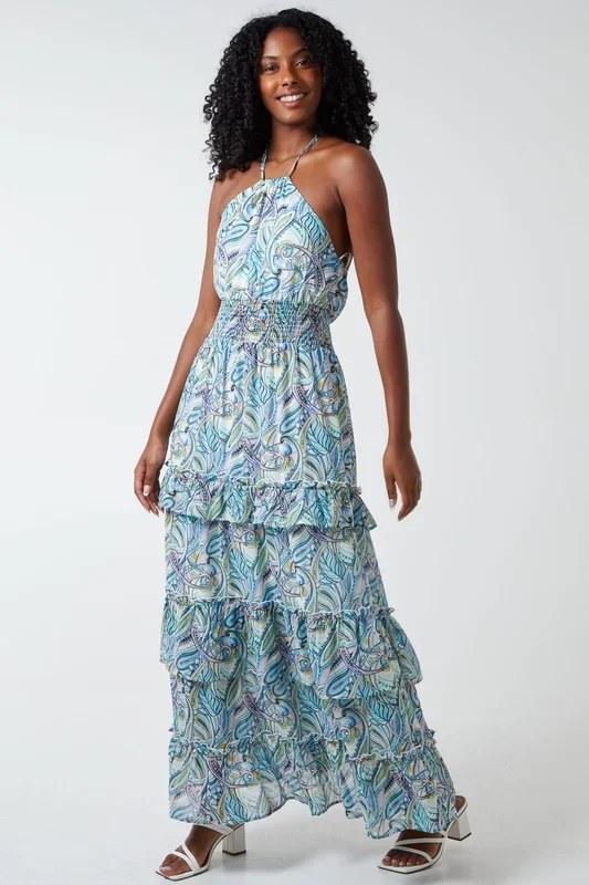 Halter Neck Ruffle Midi Dress