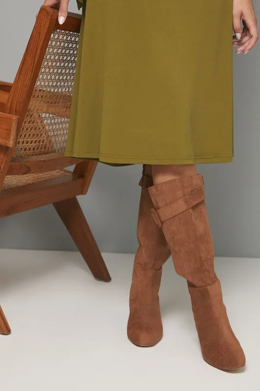 Hawthorn Faux Suede Covered Buckle Detail Square Toe Medium Block Heel Knee Boots