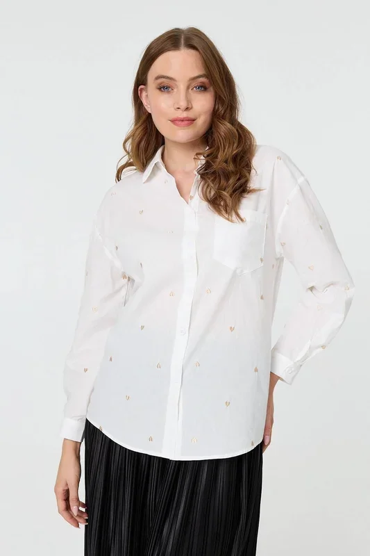 Heart Embroidered Long Sleeve Shirt