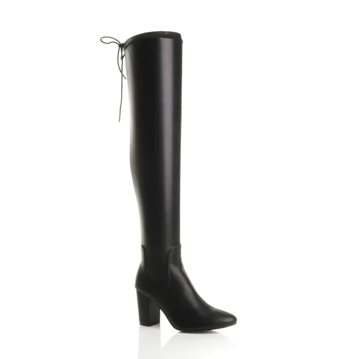 High Block Heel Stretchy Sock Faux Leather Over The Knee Boots