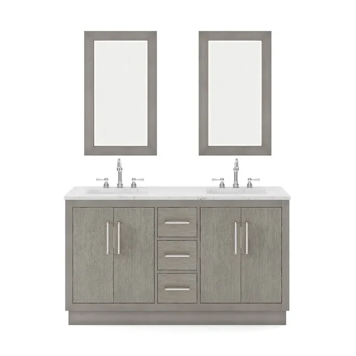 Hugo 60 In. Double Sink Carrara White Marble Countertop Bath Vanity in Grey Oak