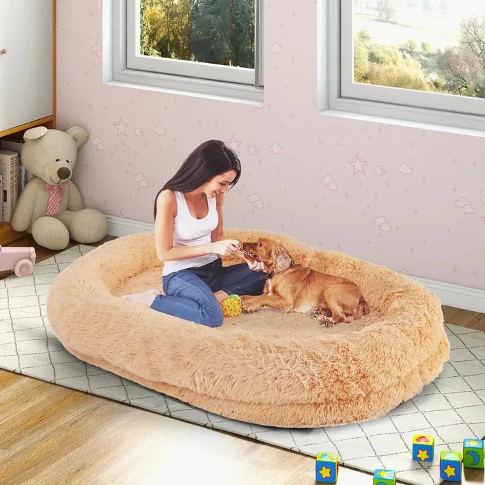 Human Dog Bed – Oversized Brown Orthopaedic Pet Sofa | Blanket and Pillow Included COSTWAY