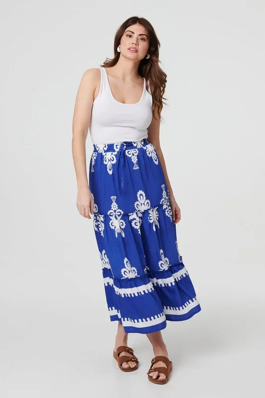 Ikat Print Tiered High Waist Midi Skirt