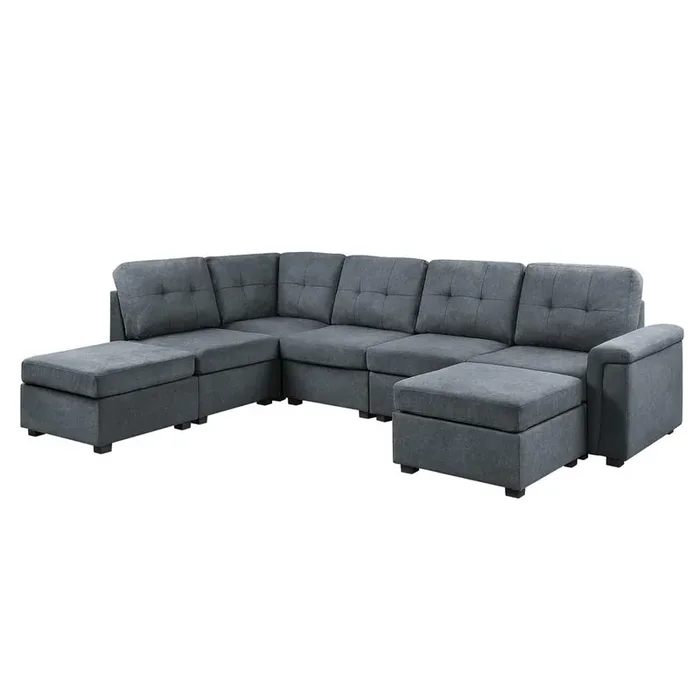 Isla Gray Woven Fabric, 7-Seater Sectional Sofa with Ottomans