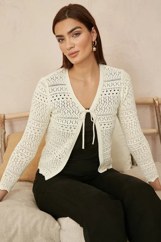 Ivory Crochet Tie Front Cardigan