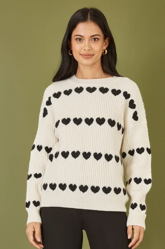 Ivory Knitted Jumped With Heart Stripes