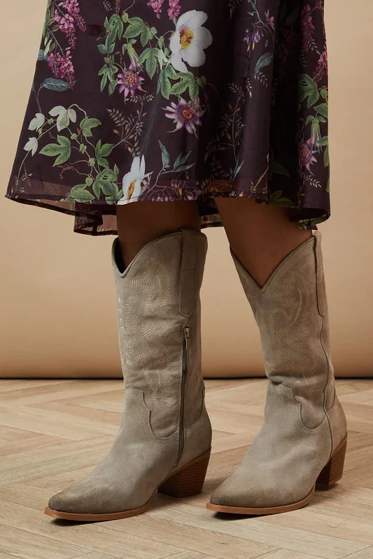 Jaala Leather Stitch Detail Western Calf Boots