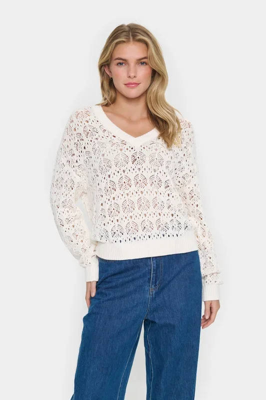 JunaSZ V-Neck Knitted Lace Pullover