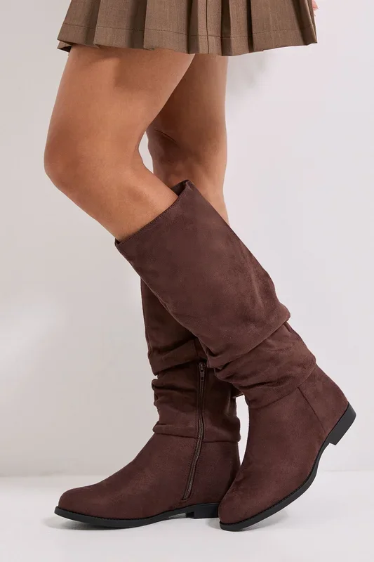 Karina Faux Suede Flat Knee High Ruched Boots